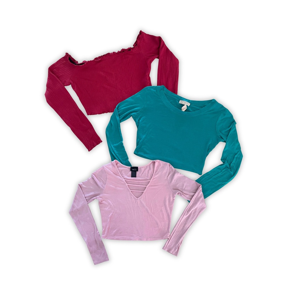 3-Piece Long Sleeve Crop Top Bundle Red, Teal, & Pink Size Medium
